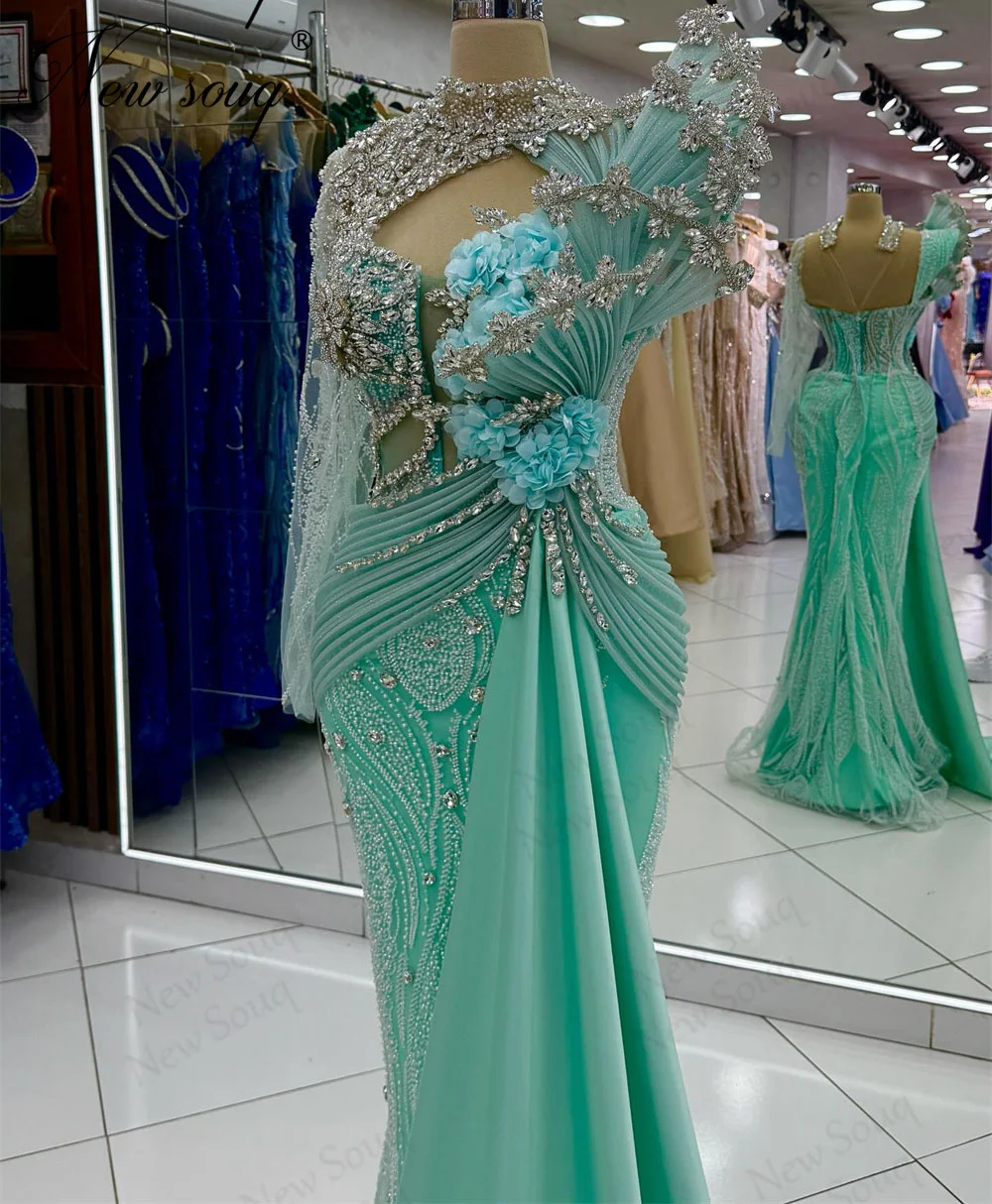 Maßgeschneiderte grüne Perlen Abendkleider mit Schlitzschleppe Luxury2026 Arabische Frauen Abendkleid Meerjungfrau Hochzeit Party Kleider Cocktail