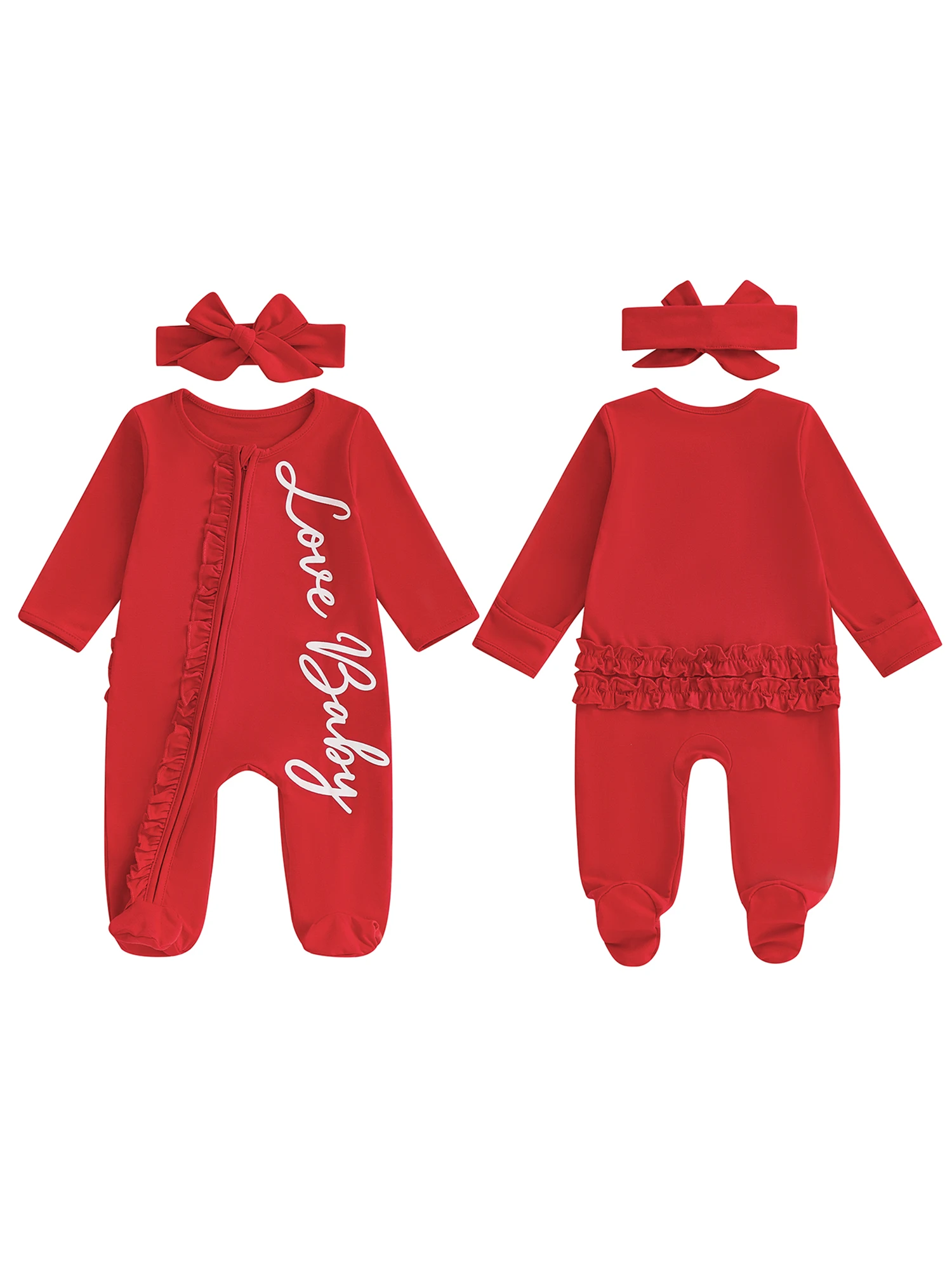 

Комбинезон с рюшами на рукавах и повязкой на голову для маленьких девочек, комбинезон на молнии с круглым вырезом и длинными рукавами на День святого Валентина