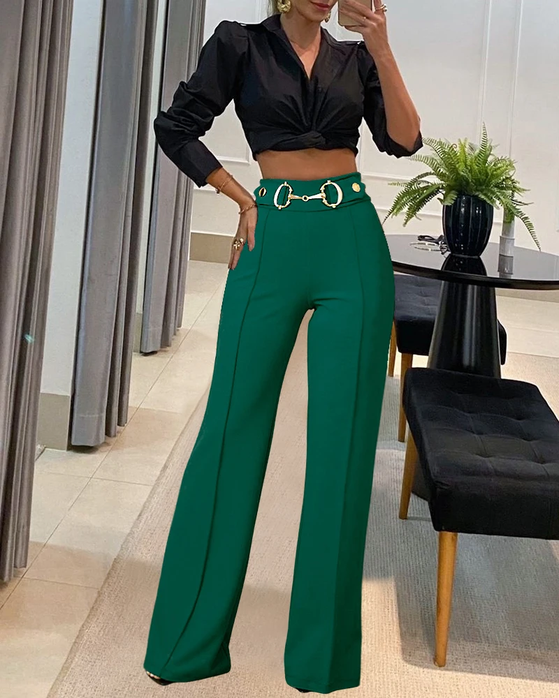 2024 Mental Button Decor High Waist Causal Straight Leg Work Pants