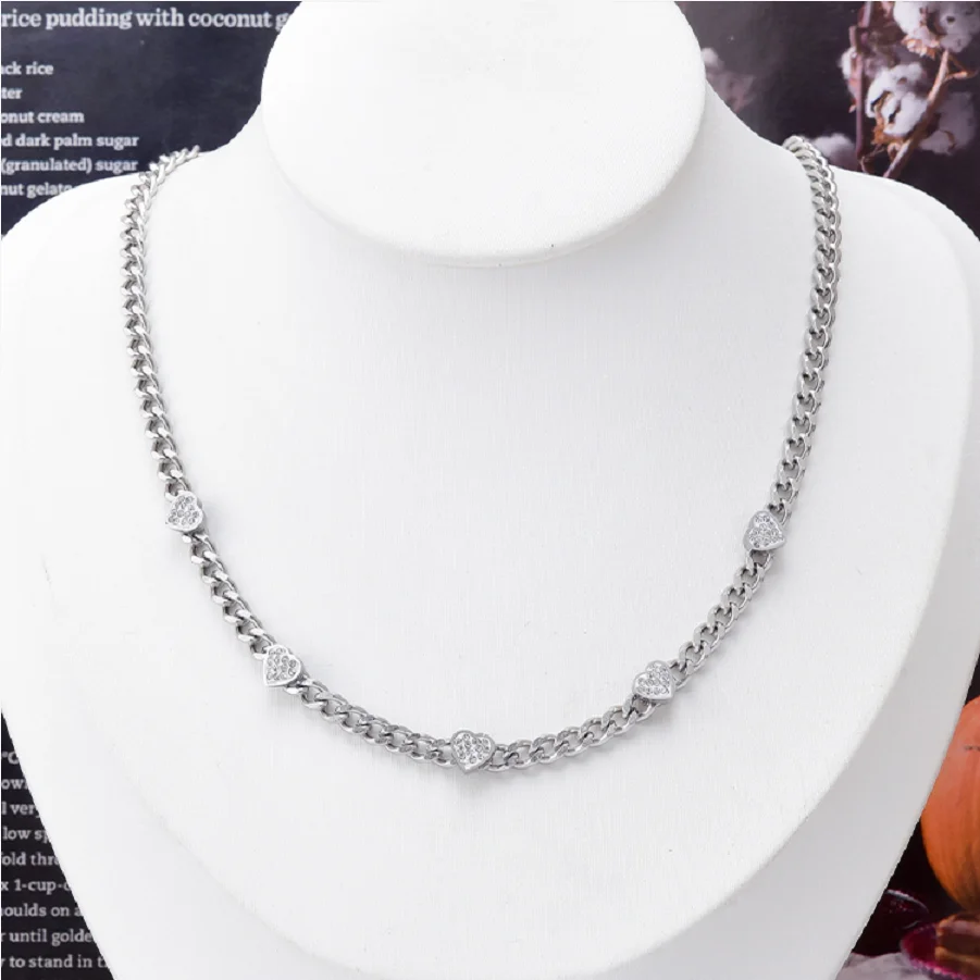 316L Stainless Steel New Fashion Upscale Jewelry Zircon Soldering Heart Charms Chain Choker Necklaces Pendant Bracelet For Women