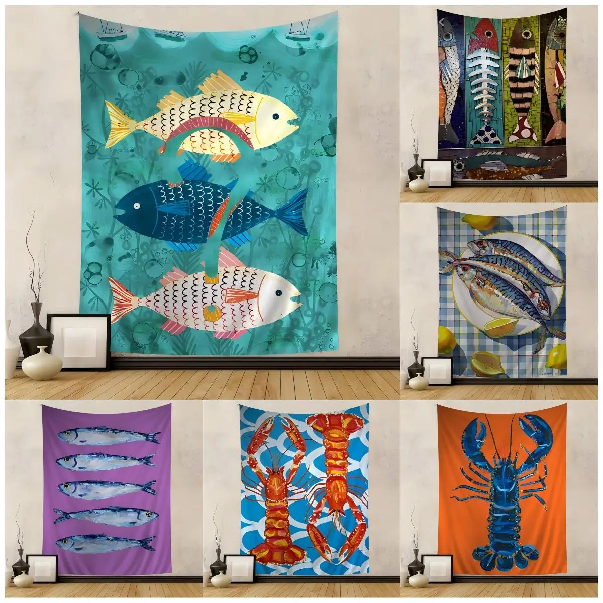 VIKAMA Sommer-Ozean-Kunst-Wandteppich, skandinavischer Stil, Fischbilder, Wohnzimmer, Sofa, Hintergrund, Wand, moderne, minimalistische Dekoration