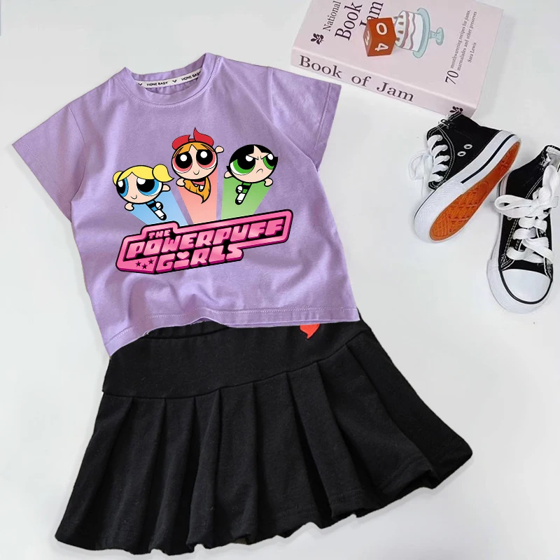 

Футболка для девочек Powerpuff, плиссированная юбка, комплект из 2 предметов, студенческая форма, юбки, летние футболки с героями мультфильмов, детская одежда, наряды, мини-короткое платье