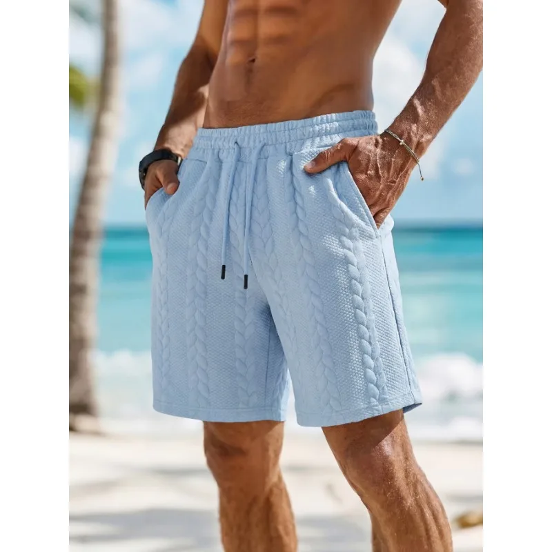 

Мужские повседневные шорты с текстурой кабельной вязки, эластичным поясом и шнурком, пляжные шорты с карманами для лета