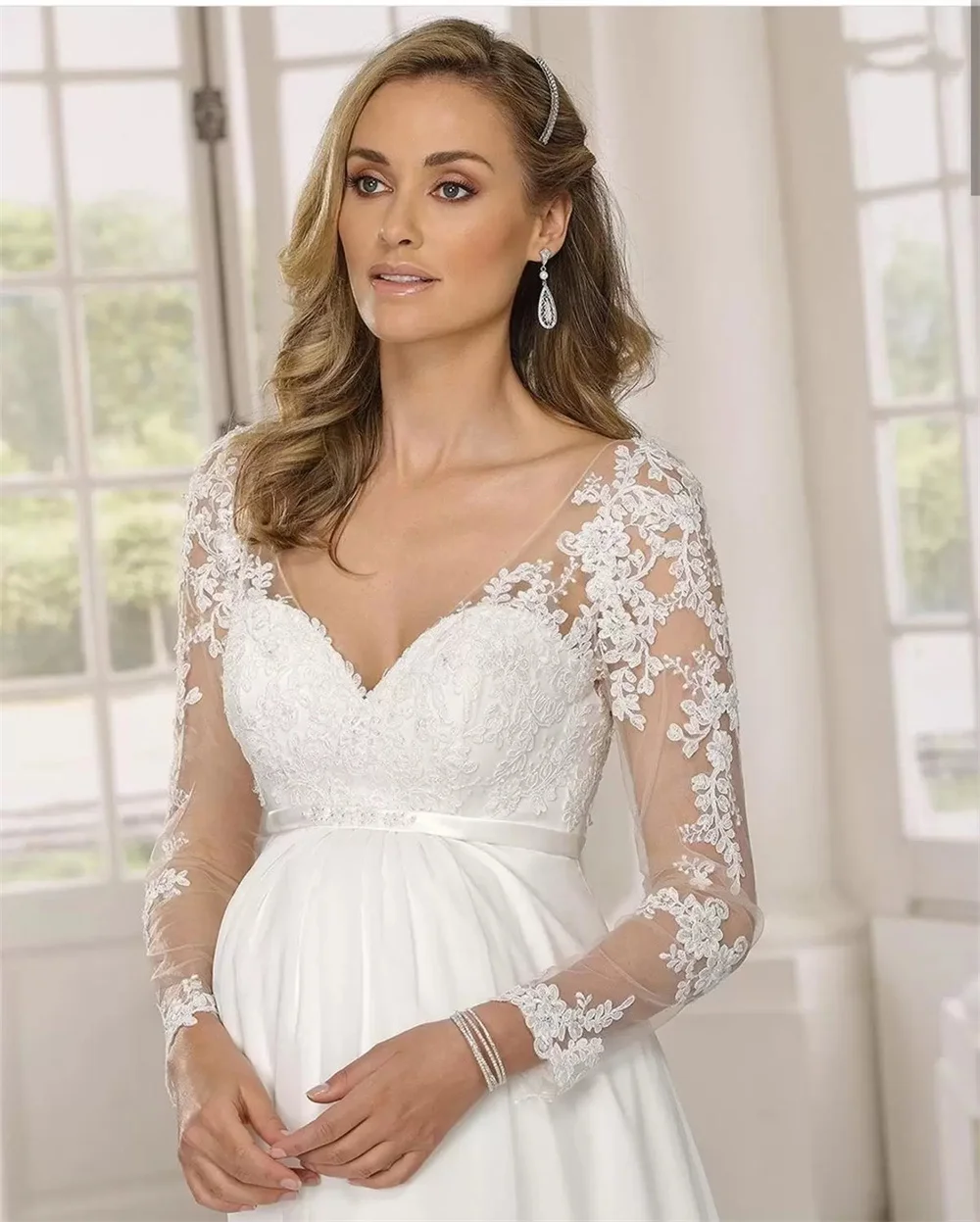 2023 Maternity Wedding Gowns For Pregnant Women Chiffon A-Line Beach Boho Bridal Dresses Illusion Long Sleeve Lace Appliquesed