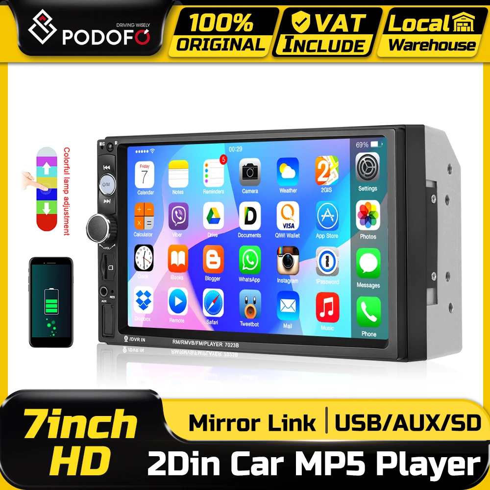Podofo 2 Din Auto-MP5-Player 7 Zoll 1080P Mirror Link Bluetooth Auto-Intelligentes System Farbige Hintergrundbeleuchtung Auto-Multimedia-Video-Radio-Stereoanlage