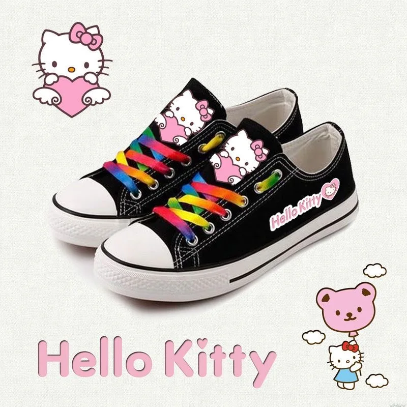 Sanrio Hello Kitty Cute Girl Black Canvas Shoes Cartoon Low Help Versatile Lolita Shoes Kitty Printed Shoes for Women 2024 New