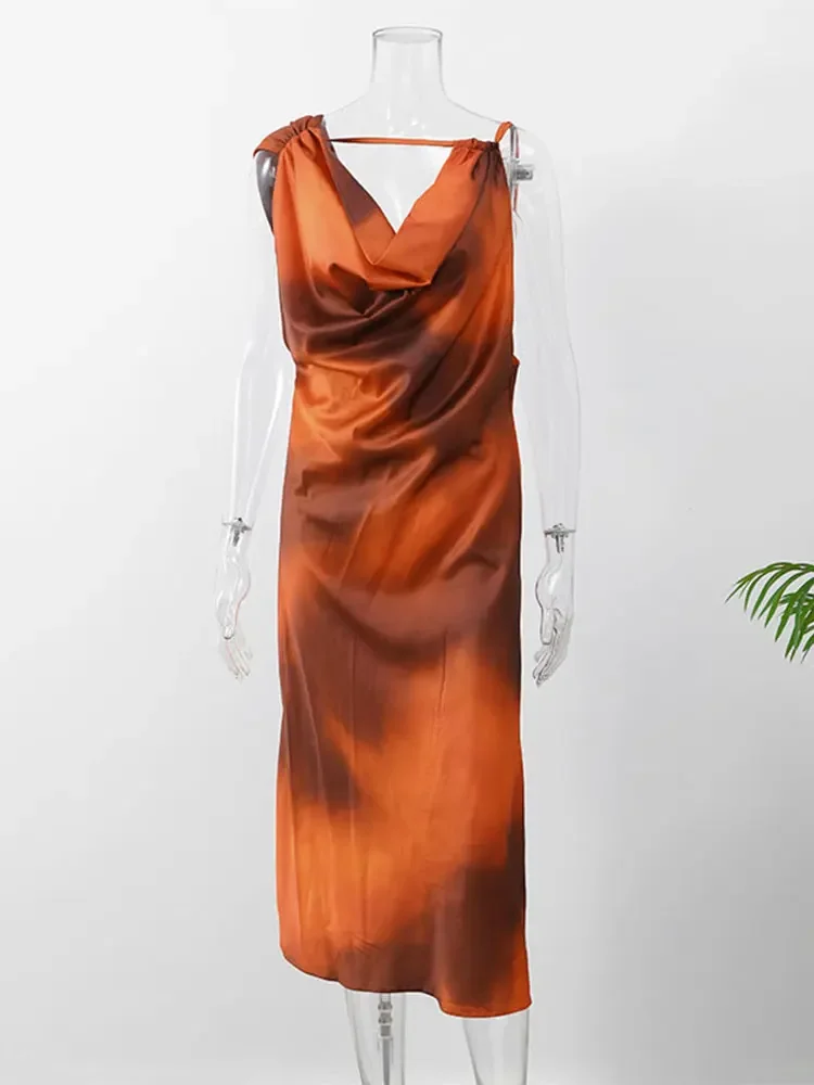Sukienka wiązana na szyi z nadrukiem Tie-dye Elegancka sukienka z dekoltem w szpic i odkrytymi plecami Wiosna Lato 2024 Vintage Dress