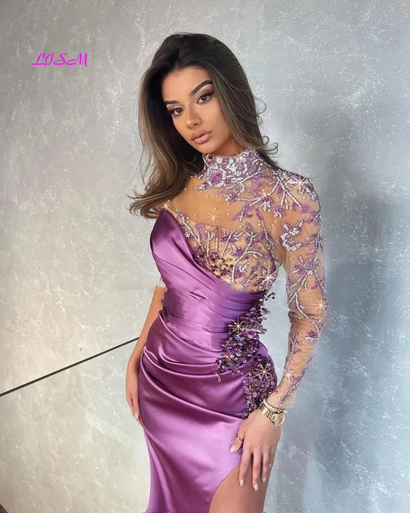 Mermaid Evening Dresses 2022 Arabic Sparkly Crystals Sequin High Slit Prom Gowns Party Dresses Plus Size Robes De Soirée