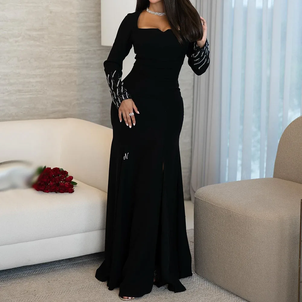 

Customized A-line Evening Dresses Floor-length Square Collar Full Sleeve Prom Gown Fashion Sequined Simple Draped Party Gown