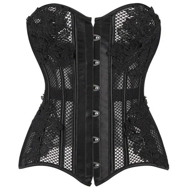 Corsets And Bustiers Tops Plus Size Mesh Black Brocade Lingerie Corselet Overbust Lace Up Clubwear korsett