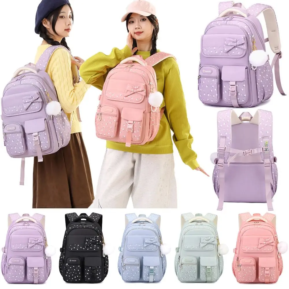 Sturdy Multicolor Bowknot Backpack Large Capacity Lightweight School Bag Flower Printed Multi Pockets Shoulder Bag Student