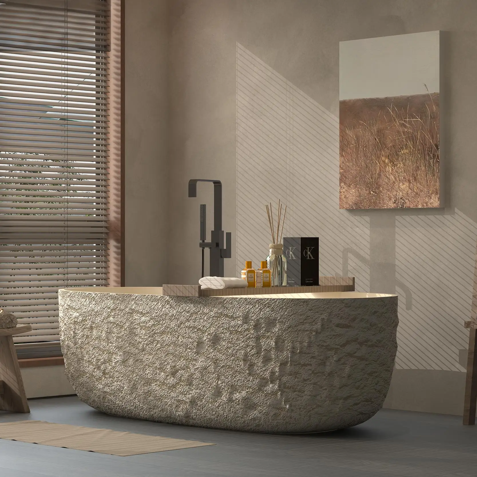 „Luxuriöse Wabi Sabi-Badewanne mit Steinstruktur – handgefertigte, einteilige, freistehende Badewanne aus künstlichem Stein, künstlerisches Bad für Zuhause und B&B“