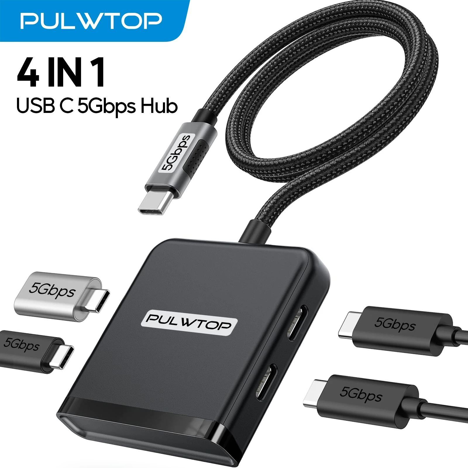 PULWTOP 4-Port USB C Hub, USB Hub Multiport Adapter with 4 Ports 5Gbps for MacBook Pro, Laptop, Chromebook, XPS.