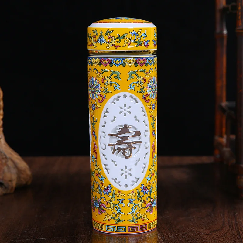 

Jingdezhen double-layer ceramic enamel insulated cup, blue and white porcelain water cup, hollowed out carved gift cup, tea cup