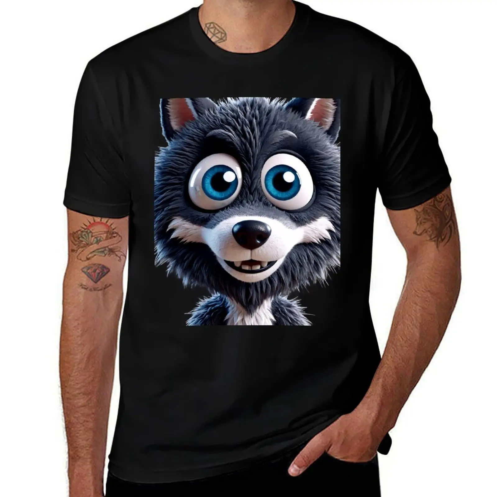 

Cheerful Cartoon Grey Wolf with Big Blue Eyes T-Shirt funny costumes T-shirts man affliction shirts men clothings