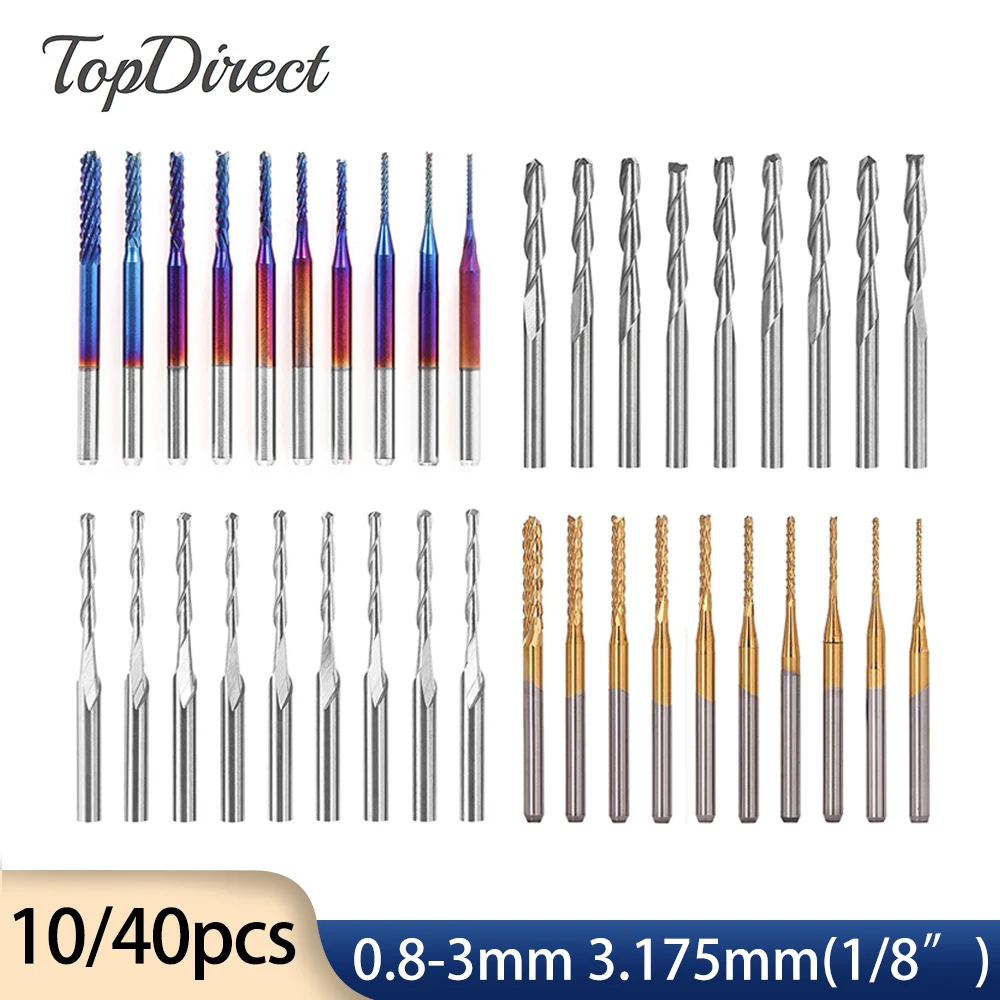 Topdirect Cnc Woodworking Tools Titanium Coat End Mill 3.175 mm Nano Blue Coat Milling Cutter Madeira Gravura Bits para 1610 3018