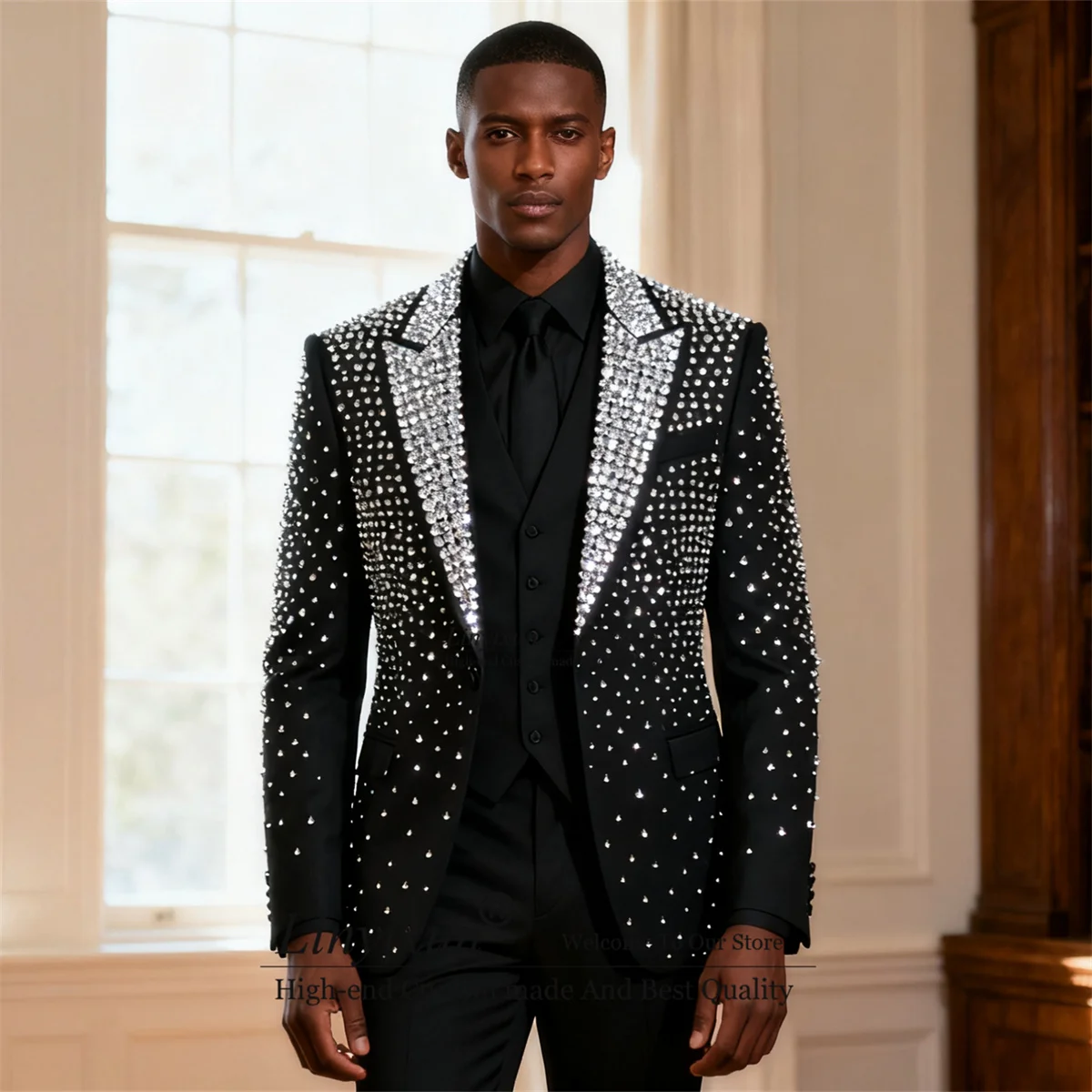 

Stunning Diamond Ornament Men Suits Glitter Lapel Ropa Hombre Customized 3 Piece Sets Wedding Groom Male Tuxedos Prom Blazers