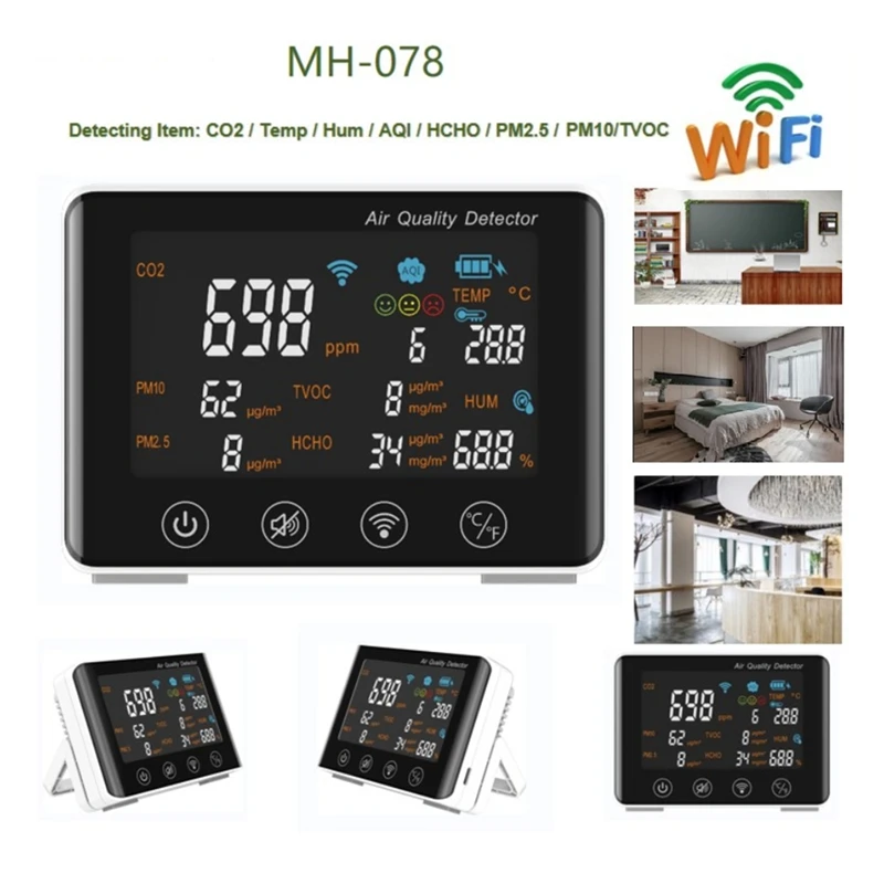 

Air Quality Detector WiFi Eight in One Air Quality Monitor CO2/Temperature/ Humidity /AQI /HCHO /PM2.5 /PM10/TVOC for Home Retai