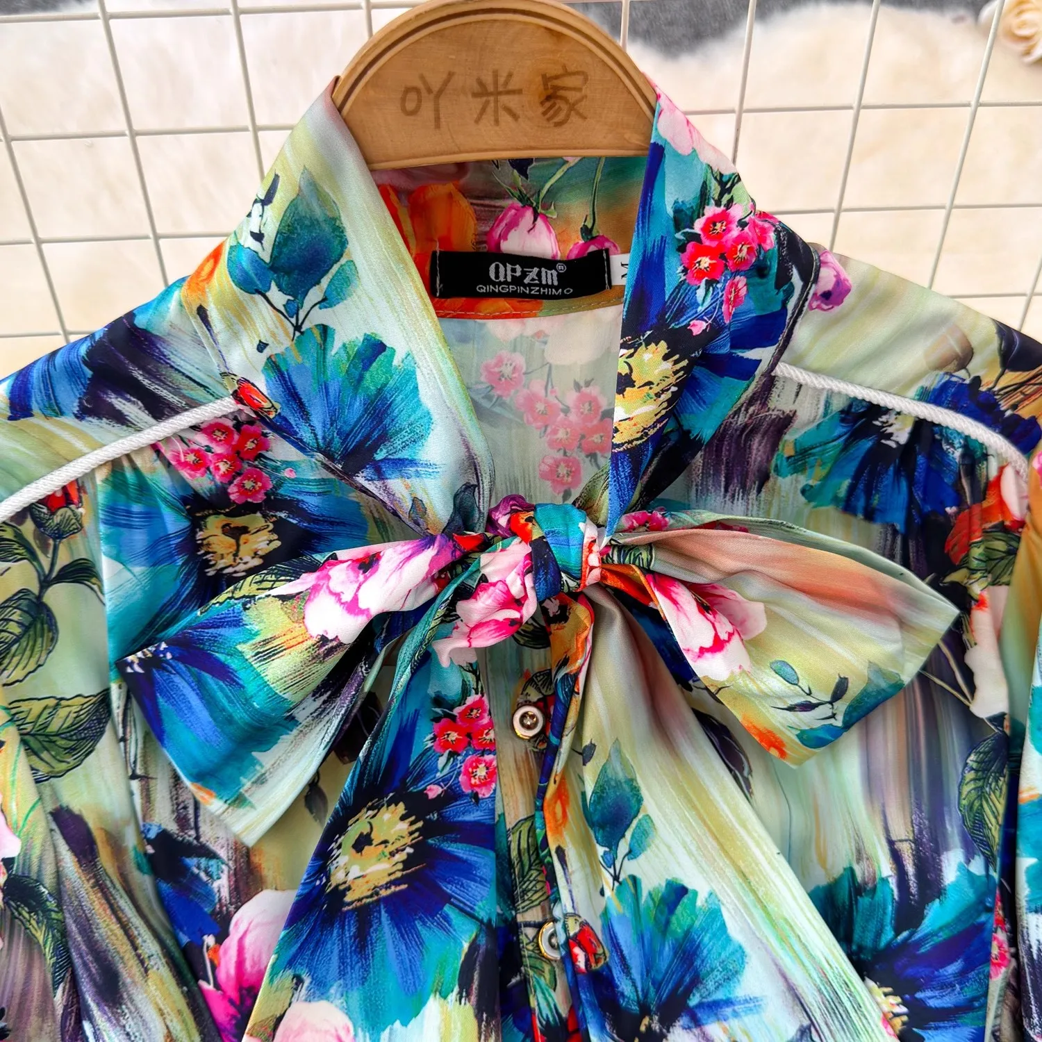 Summer Holiday Colorful Mini Dress Runway Bow Neck Lantern Sleeve Floral Print Single Breasted Casual Belt Beach Vestidos 6697