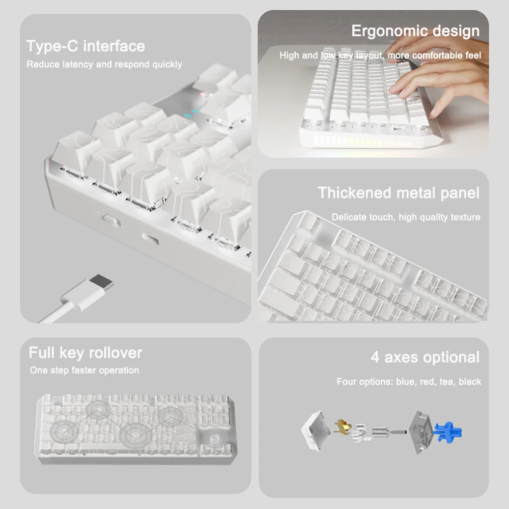 Keyboard White Contour Lines Mechanical Keyboards RGB Backlight Hot Swap 2.4G Wireless 3 Mode Wired Ergonomics Gaming Keyboard