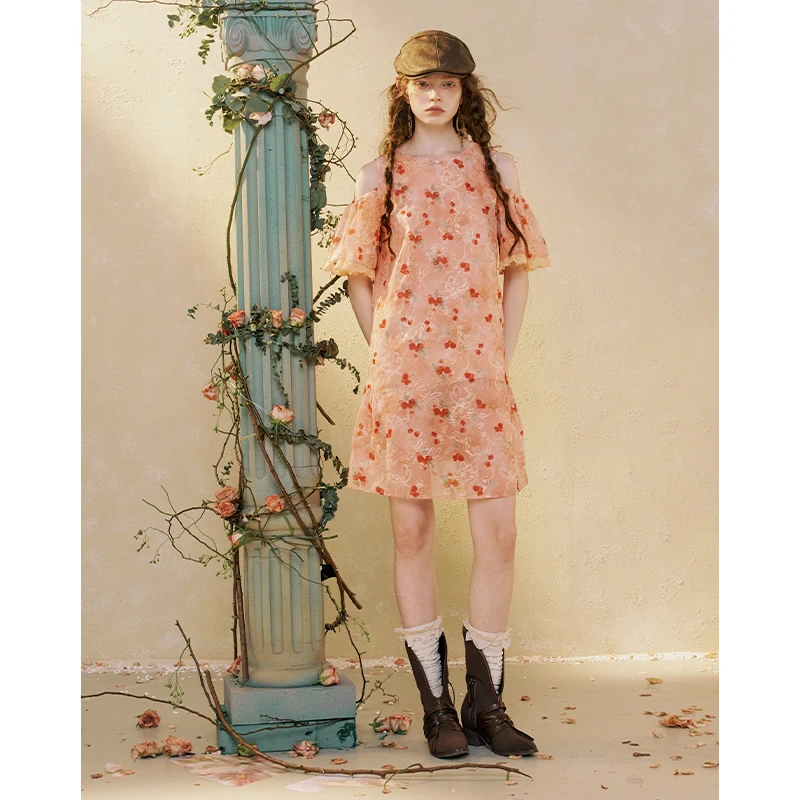 ELFSACK Women's Floral Cold Shoulder Mini Dress with Lace Trim, Boho Cherry Print Dress for Summer, Casual A-Line Short Dress
