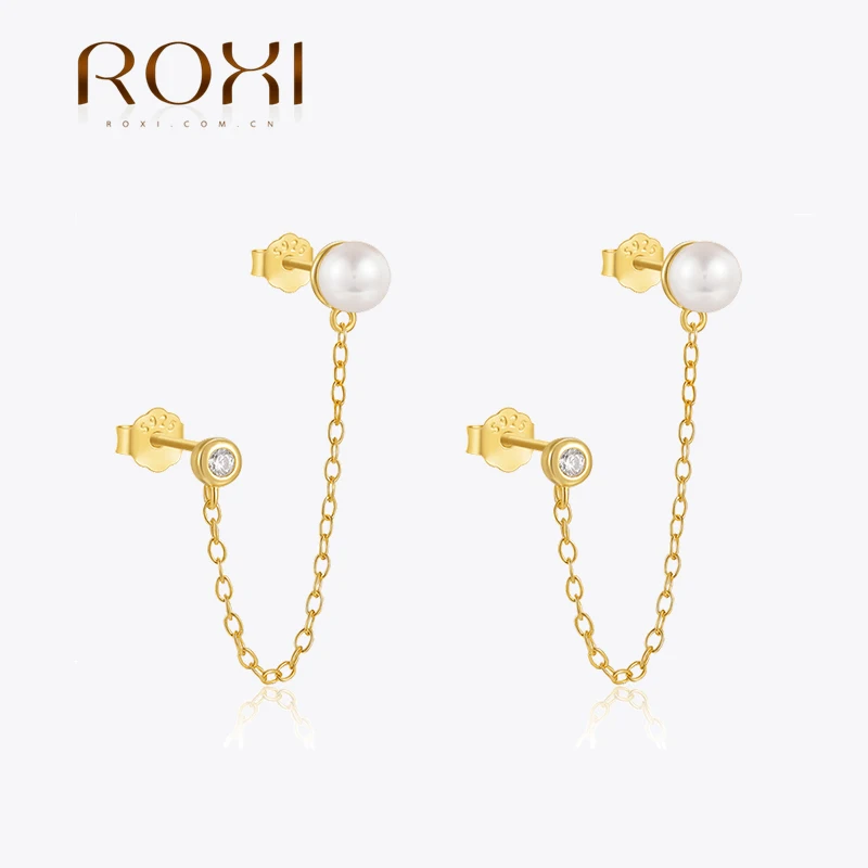 ROXI 1Pair 925 Sterling Silver Round Zircon Tassel Pierced Stud Earrings For Women White Pearl Wedding Party Jewelry Gift aretes