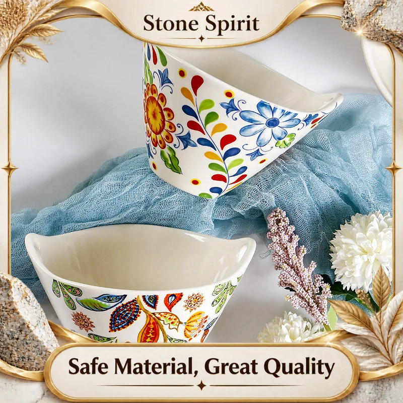 【Premium】Bohemian Style Tableware, Fruit Salad Bowl, Ramen Bowl, Soup Plate, Baking Tray, Round Hand-painted Ceramic Soup Bowl