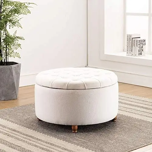 

Modern Round Ottoman Footrest Stool - Luxurious Button Tufted Covered Seat w/Removable Top for - Living Room Ottoman - Accent