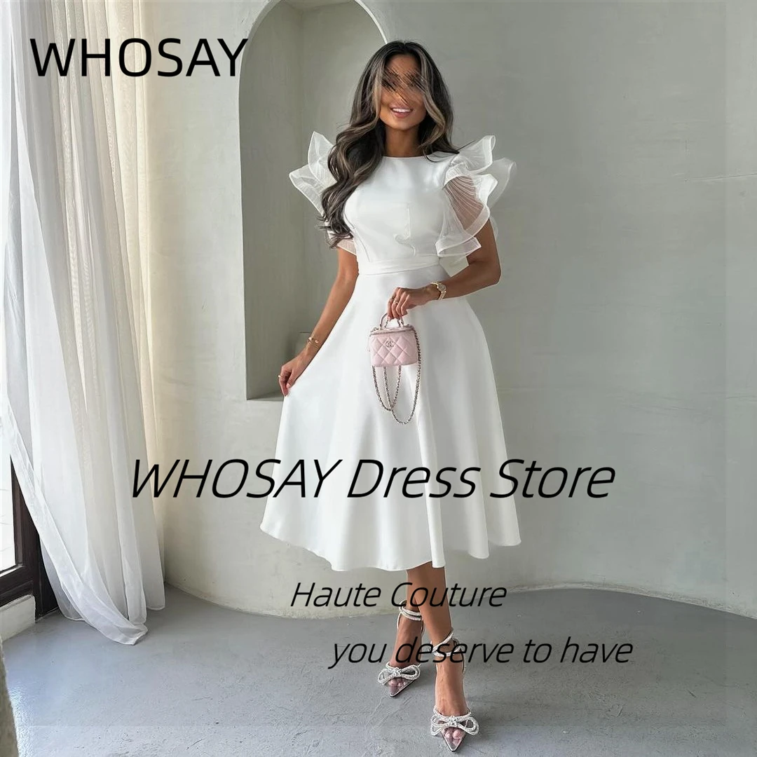 

WHOSAY Jewel Neck Prom Dresses Tiered Capped Sleeves Homecoming Party Graduation Dress Tea Length A Line Evening Gowns