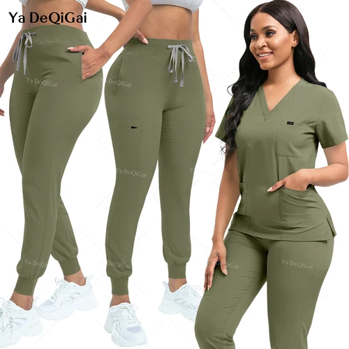Imagen 1 del producto Conjunto de batas elásticas para mujer, uniformes para enfermería, conjunto de batas clínicas para enfermera y médico, ropa de trabajo a prueba de polvo, bata médica, Top + pantalones para correr