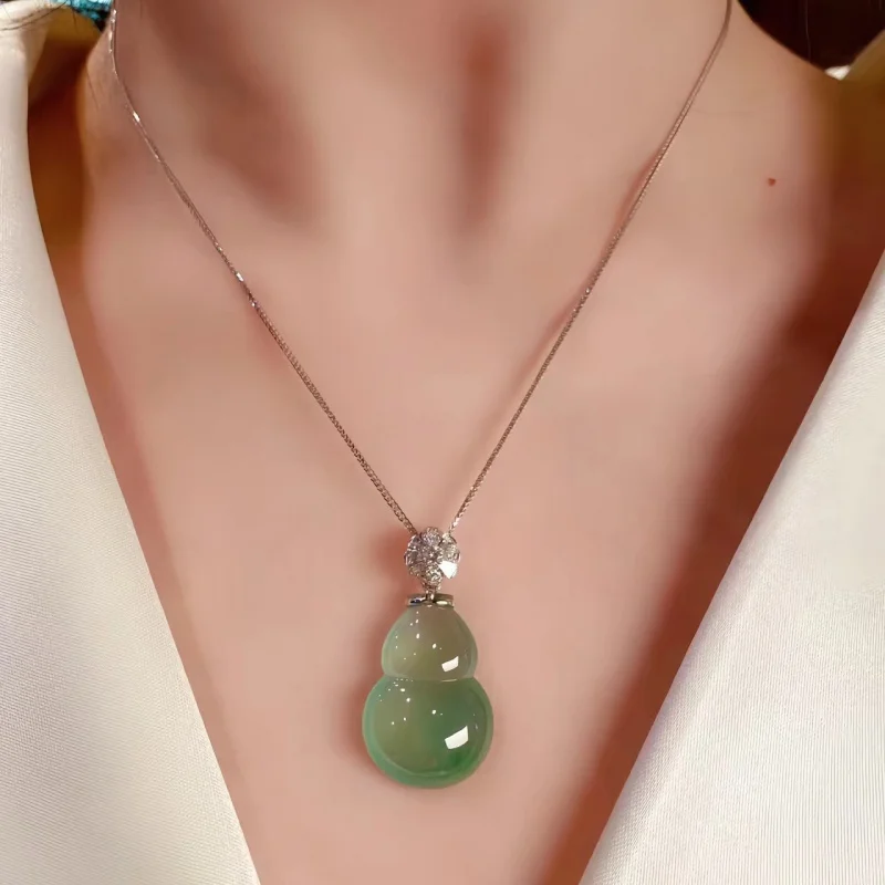 

Natural Burmese ice jadeite pendant with green inclusions, A-grade from an old mine, in the shape of a lucky gourd, suitable for