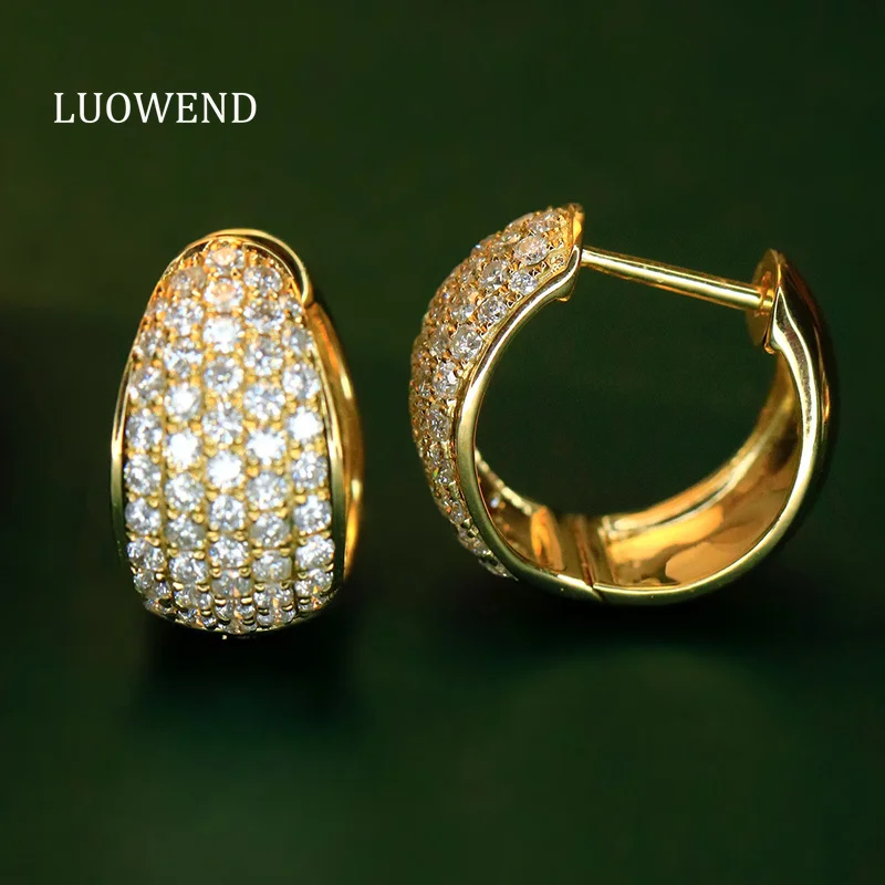 LUOWEND 100% 18K White/Yellow Gold Earrings Women Luxury Fashion Design Real Natural Diamond Hoop Earrings Fine Party Jewelry