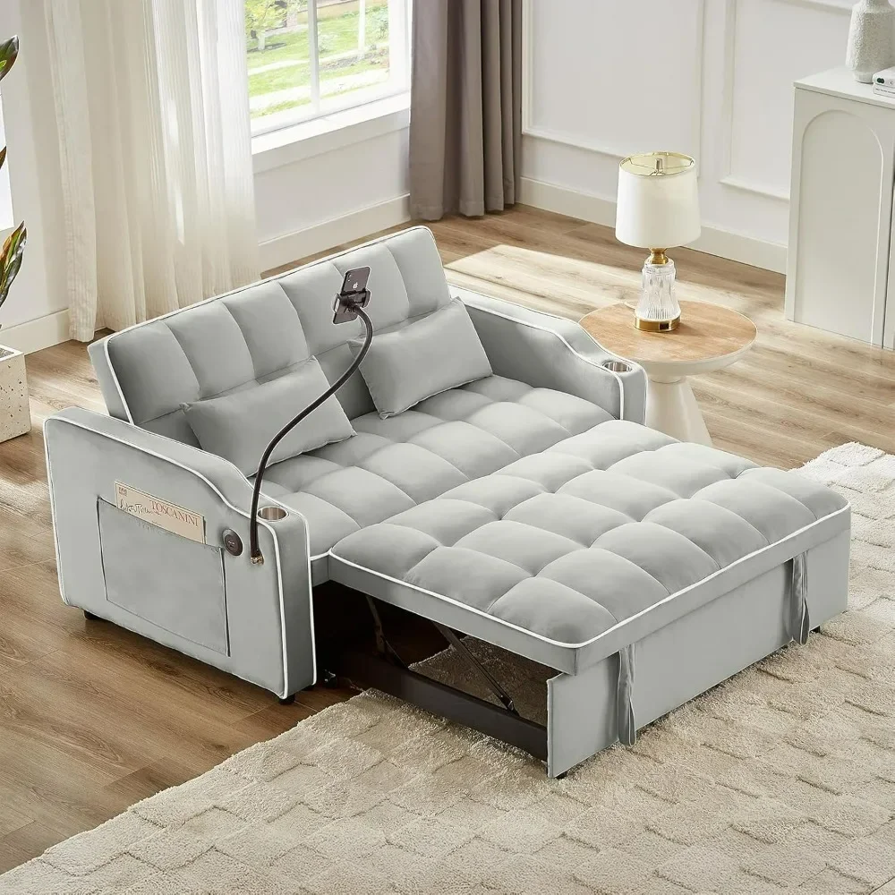 

3 in 1 Velvet Tufted Pull Out Couch with Swivel Phone Holder, Cup Holder&Adjustable Backrest, Convertible Sleeper Sofa Couch Bed