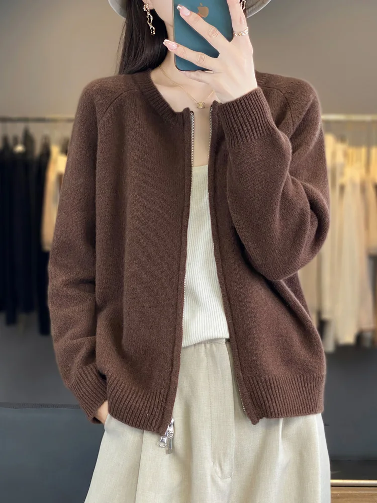 Women O-neck Zippers 100% Merino Wool Cardigan Cashmere Sweater Autumn Winter Knitwear Basic Casual Business Knitwear Tops