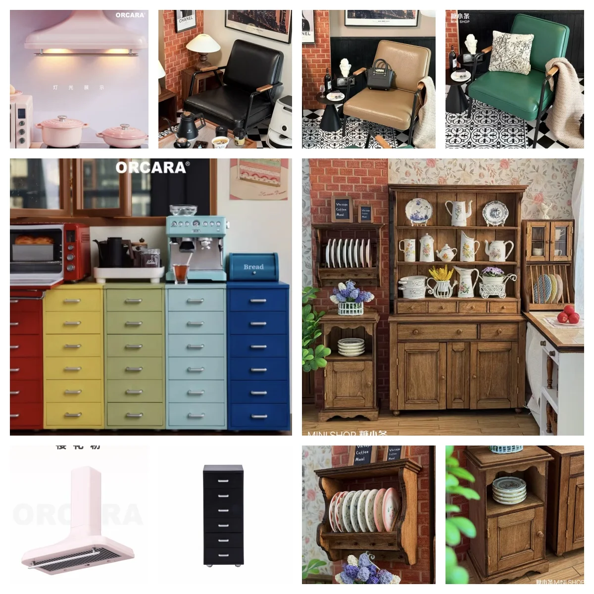 

1/6 Miniature Vintage Sideboard Realistic 6-Layer Cabinet for Kitchen Utensils,Range Hood Replica Dollhouse Retro Kitchen Decor