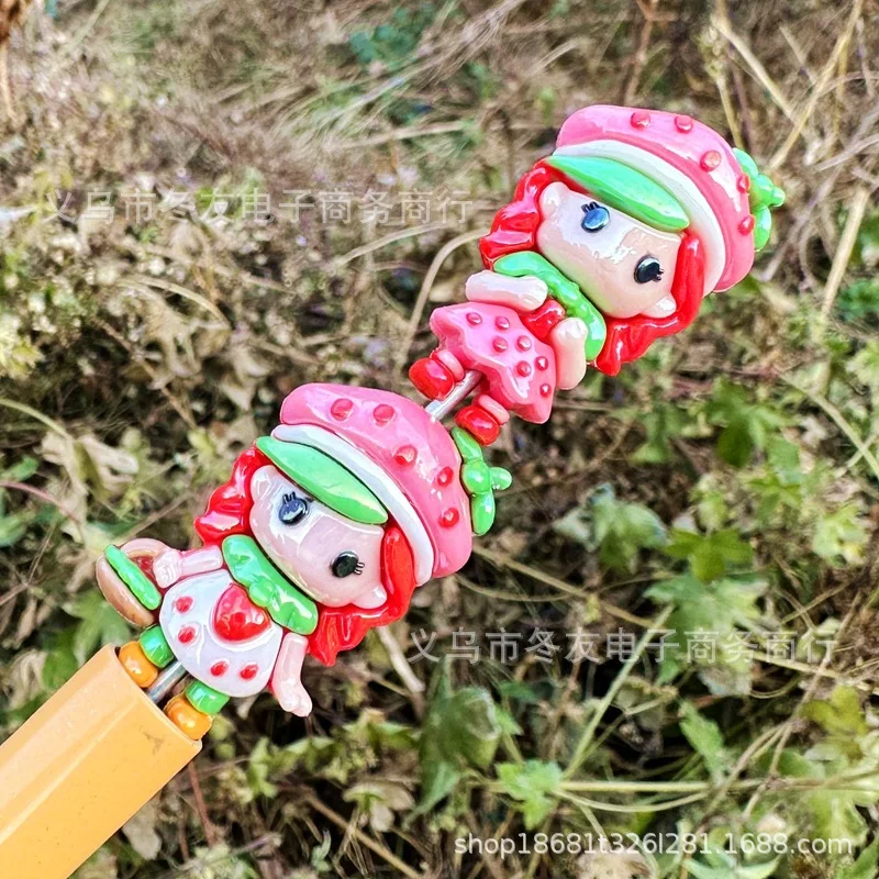 10/20개입 딸기 소녀 실리콘 관통형 비즈 34mm DIY 휴대폰 체인 키체인 비즈 펜 액세서리 재료