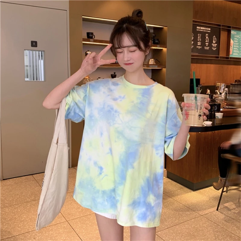 Tie Dye Summer T-Shirt Cotton Colorful INS Fashion Short Sleeve Tshirt For Women High Streetwear Y2K Crop Tops Casual Loose Tees
