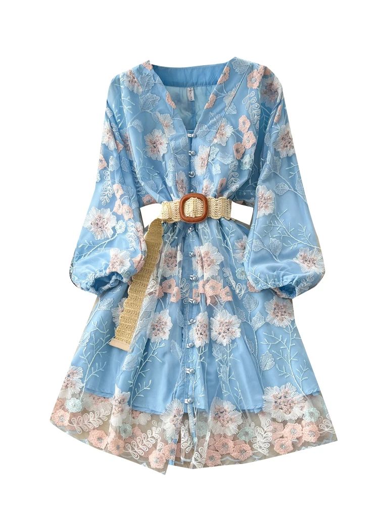 Ele ort Skirt with Lace Heavy Embroidery Belted Waist V-Ne Lantern Sve Women's Dr for Autumn Season