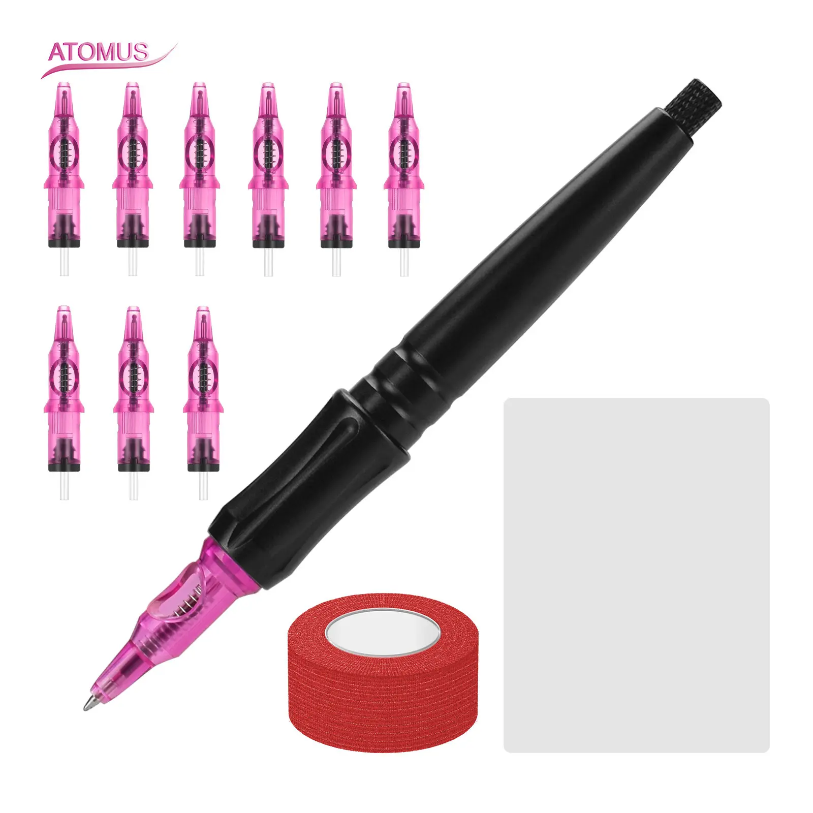 10pcs Integrated Ballpoint Pen Tattoo Machine for Eyeliner Lips Eyebrow Practice Skin Microblading Cartridge Needles Grips