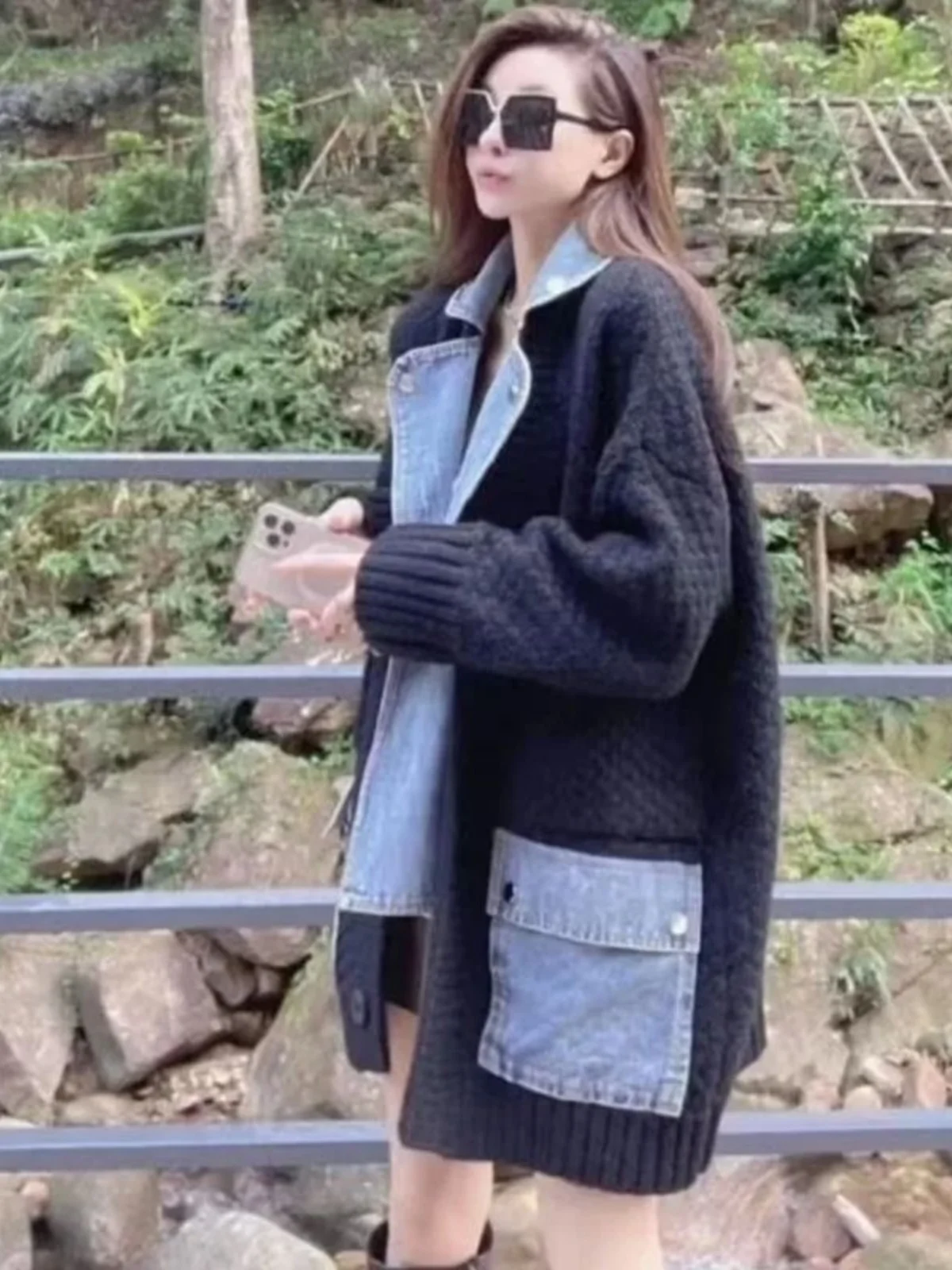 فضفاض الدنيم Jaet طوق المرقعة عادية الوقوف طوق الربط الجينز سترة مفتوحة طويلة Sve منتصف طول الشارع Sle