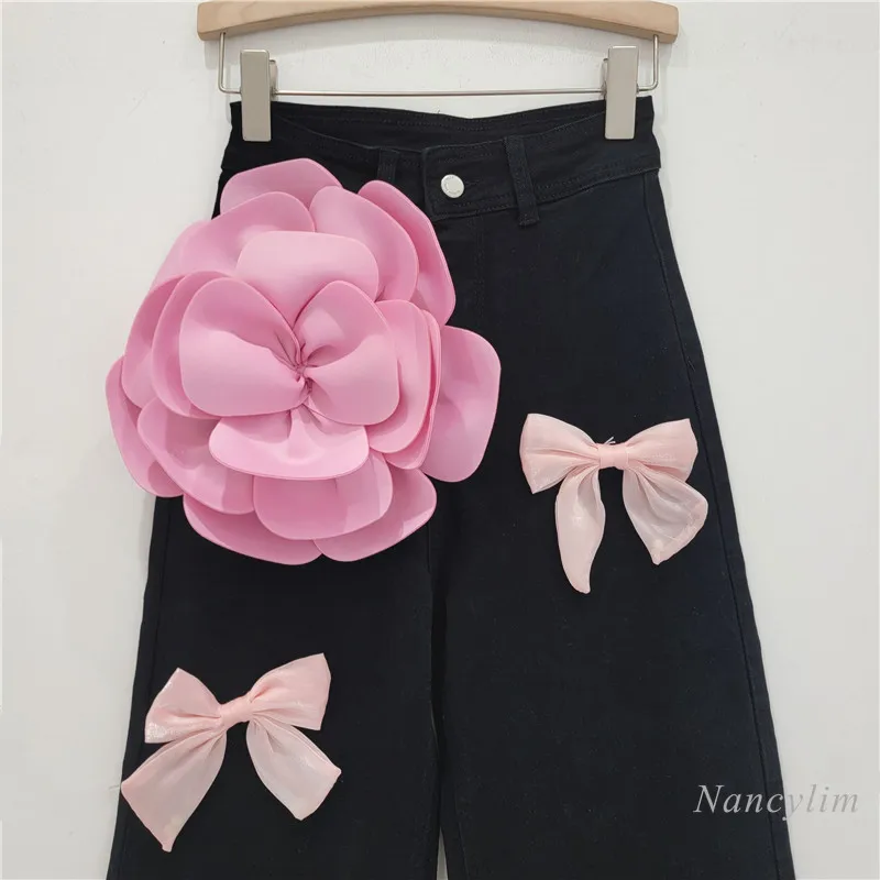 2024 Autumn New Niche Pink Bow Design Denim Trousers Women's All-Match Loose Straight Trousers Fashion Black Jeans