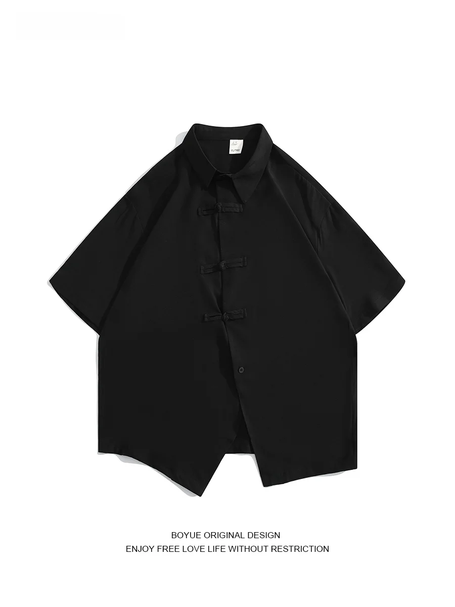 

Boyue Ice Silk ort Sve irt Men's Simple Design Retro Button up Casual Loose Fit Summer Faion Youthful Pure Color