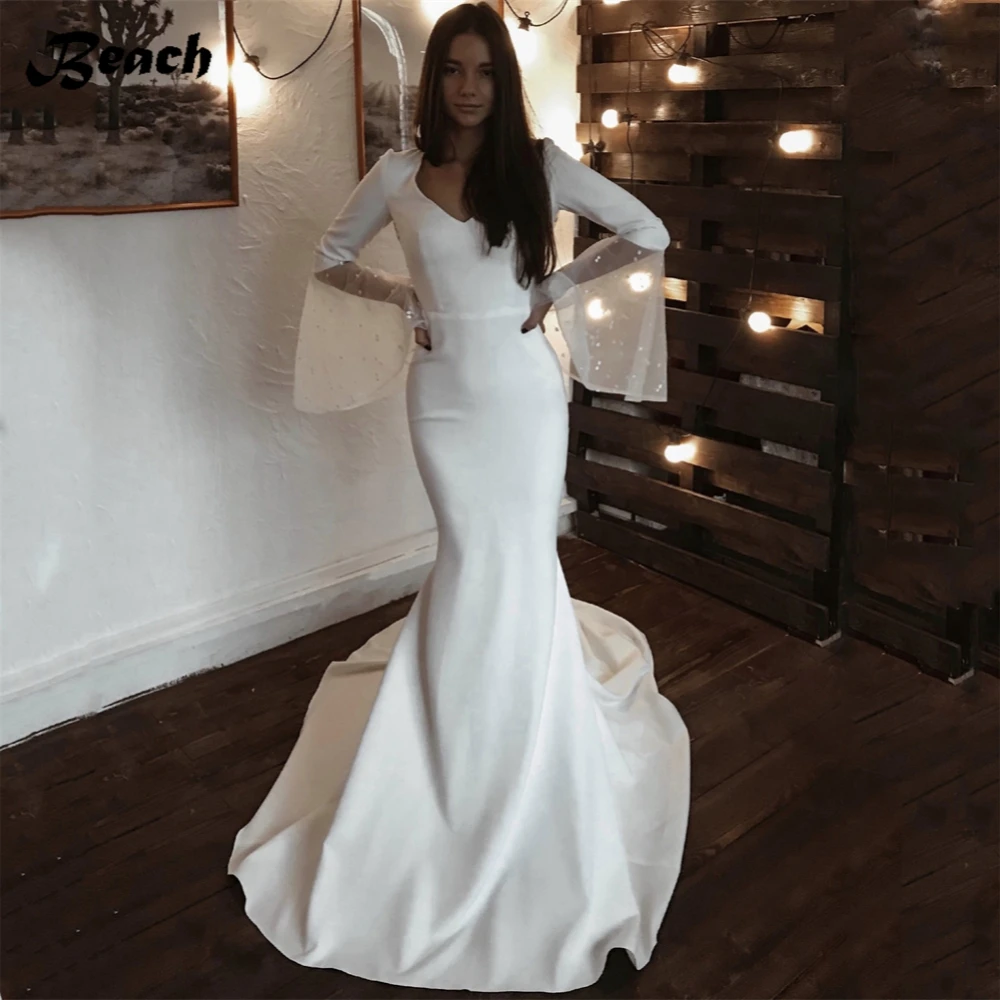 Beach Elegant Long Flare Sleeves V Neck Wedding Dress For Women Simple Backless Mermaid Train Bridal Gown Robe De Mariee