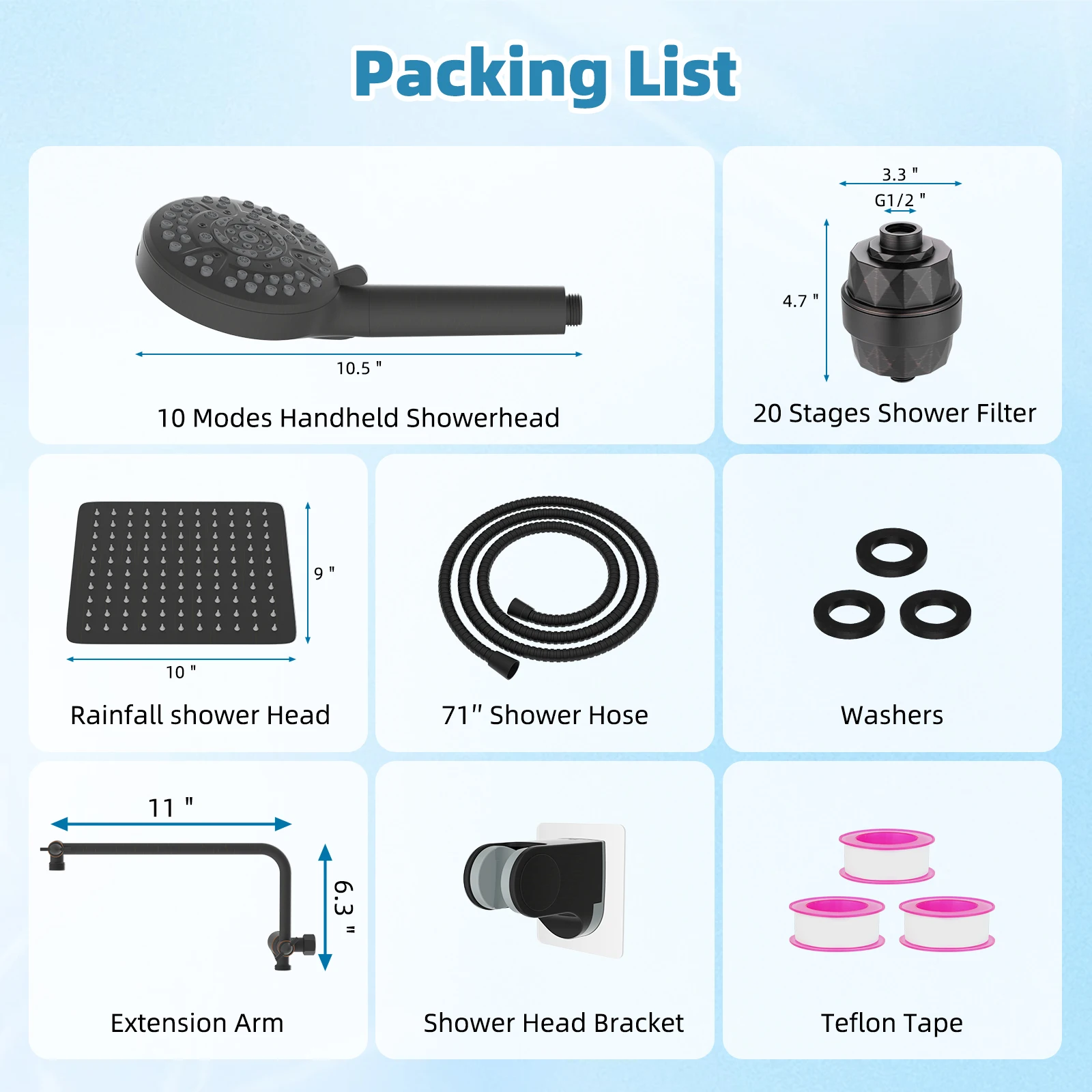 رأس دش مفلتر، مجموعة رأس دش مطري عالي الضغط مقاس 10 بوصات مع فلتر دش، ذراع تمديد الدش مقاس 11 بوصة، خرطوم 71 بوصة