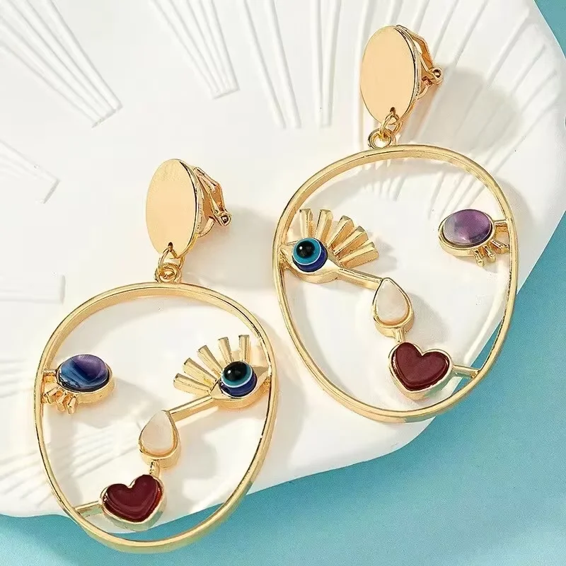 Trendy Artistic Abstract Face Dangle Asymmetric Colorful Gemstone Gold Plated Statement Earrings Fashion Jewelry for Women