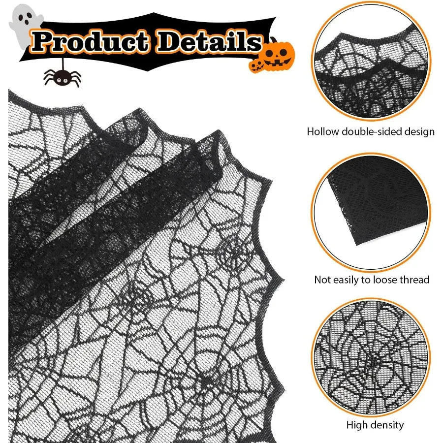 مفرش طاولة على شكل شبكات عنكبوت من الدانتيل الأسود مقاس 18 × 72 Ih غطاء مخيف لديكور الهالوين قطعة مركزية لطاولة العشاء