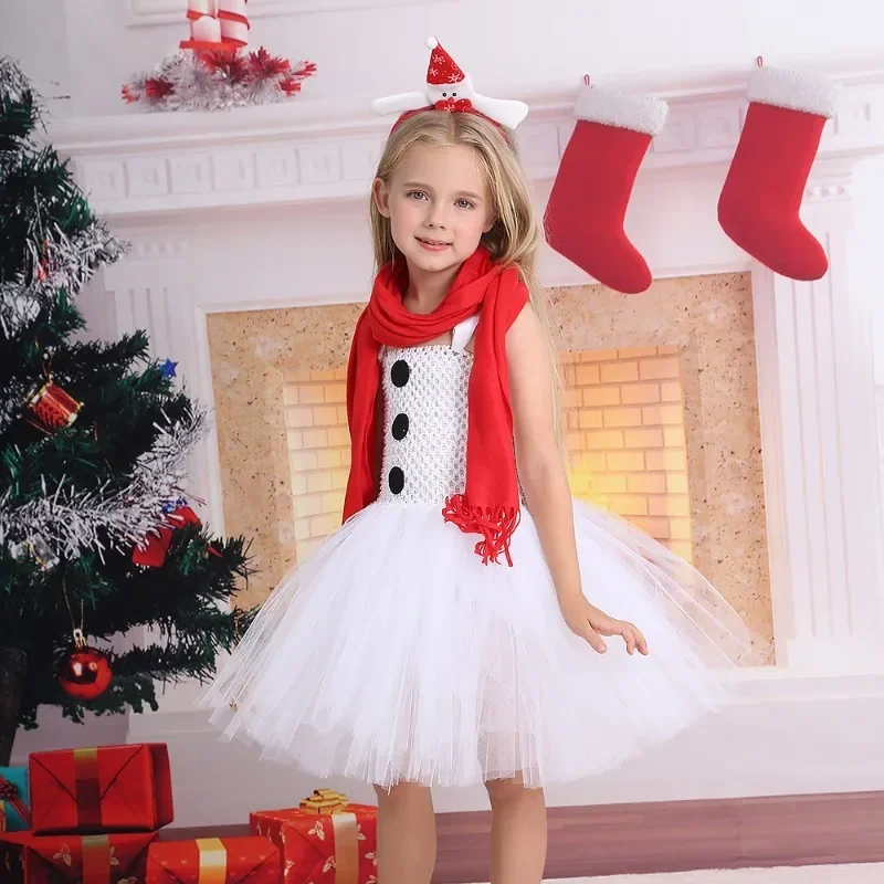 Christmas Kids Girls Snowman Cosplay Costumes Frozen Snow Princess Dress Christmas Performance Dance Ice Skating Tutu Dress