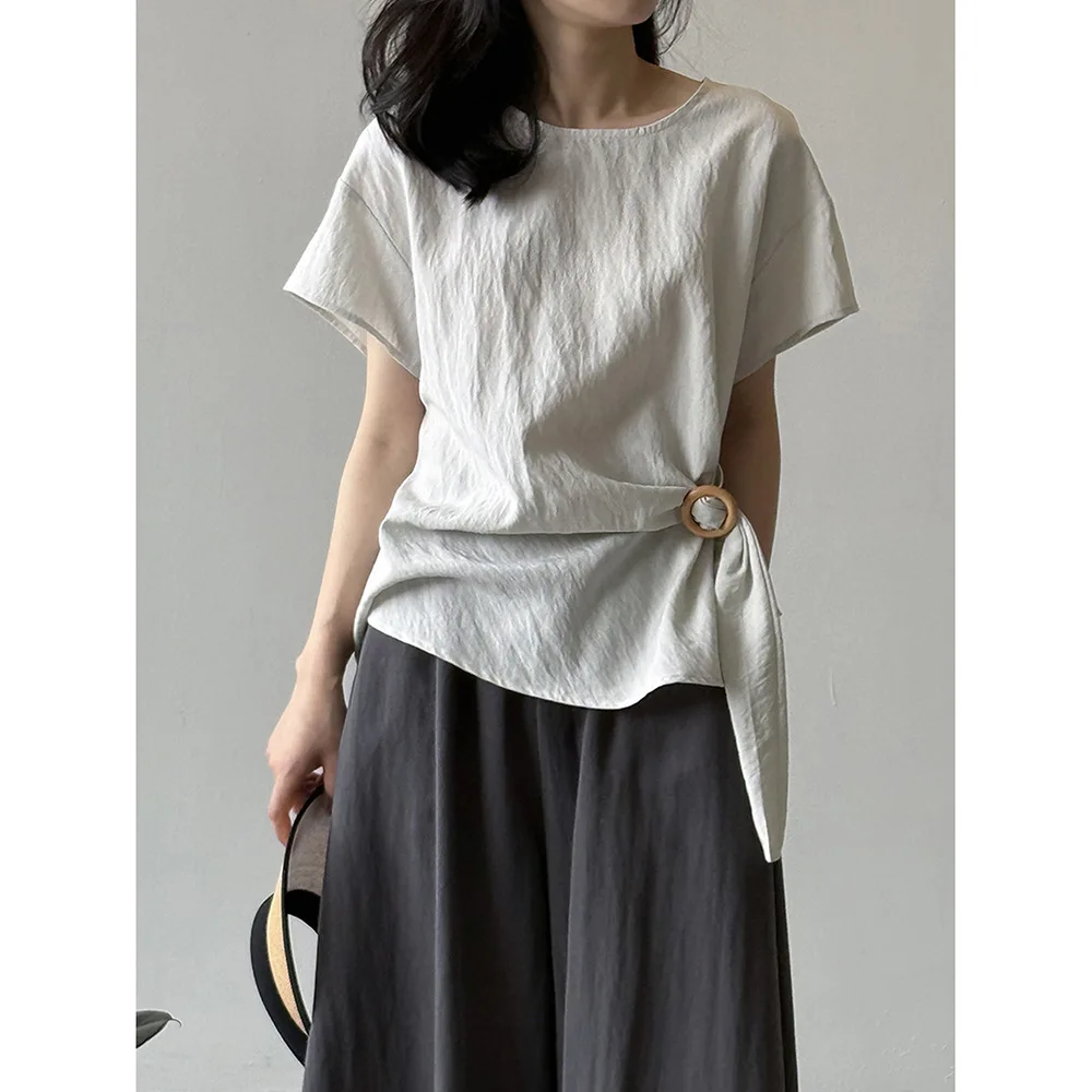 

French Tencel Linen Waist Short Sleeve Shirt for Women 2025 Summer Chic Round Neck Small Shirt Doll Shirt