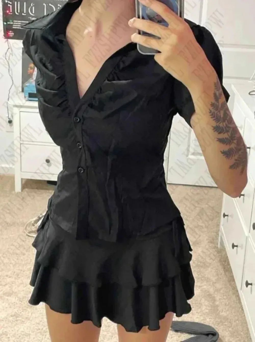 Y2K Aesthetic Slim Fit Blouse Ladies Turn Collar Short Sleeve Front Shirring V Neck Single Breasted Goth Harajuku Daily Shirt