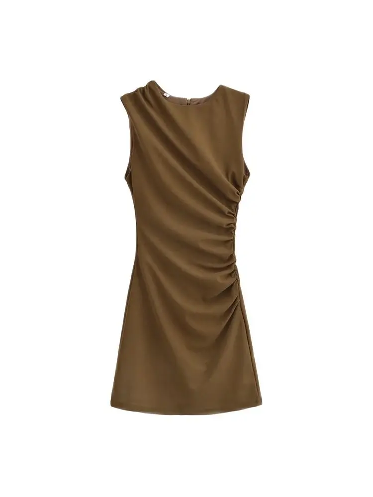TRZA-Women's Draped Mini Dress, O Neck, Sleeveless, Back Zipper, Female Dresses, Sexy Fashion image 4